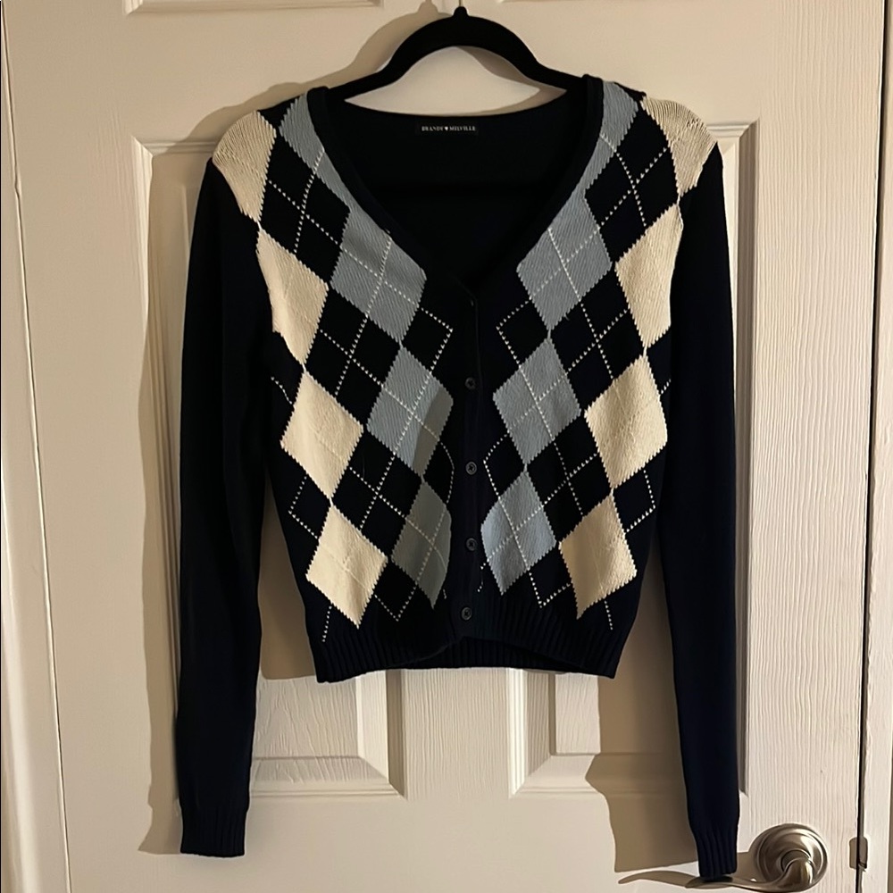 Brandy Melville Elizabeth Cardigan Argyle Navy Small Good Condition